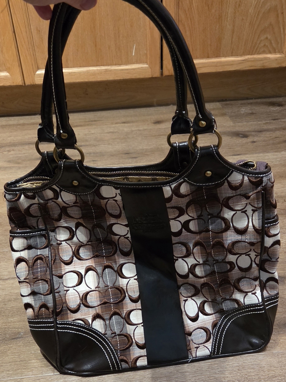 Vintage Coach Plaid Signature Canvas & Dark Brown Leather Tote / Shoulder Bag